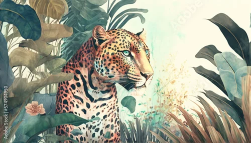Obraz Pastelowy rysunek lamparta z roślinami tropikalnymi, wygenerowane przez sztuczną inteligencję