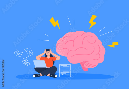 Tired person at overtime work. Woman with strong headache with a laptop. Overworked, deadline, and burnout concept. Vector flat illustration.
