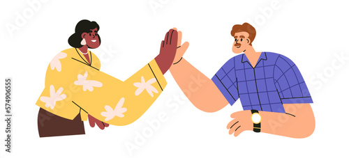 People giving high-five, supporting gesture. Woman and man clapping hands, congratulate with success. Cooperation, partnership concept. Flat graphic vector illustration isolated on white background