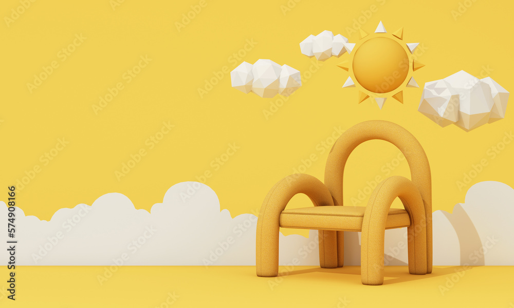 Fototapeta premium interior design concept Sale of home decorations and furniture During promotions and discounts, it is surrounded by sun and cloud rmchairs and advertising spaces banner. pastel background. 3d render
