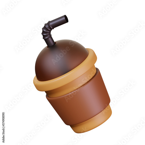Ice coffee on plastic cup isolated. Coffee shop and cafe icon. 3D render illustration.