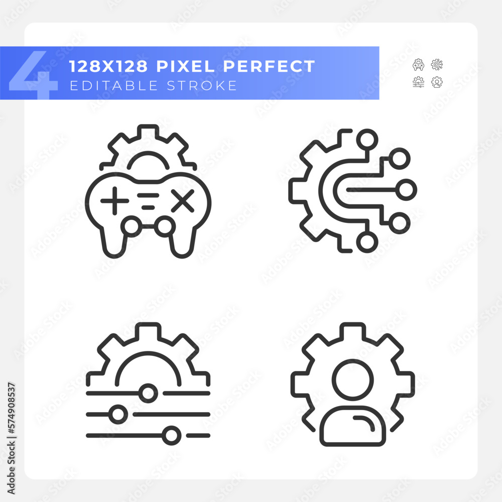 Personal settings pixel perfect gradient linear vector icons set. Game customization. Account changes. Thin line contour symbol designs bundle. Isolated outline illustrations collection Personal settings pixel perfect gradient linear vector icons set. Game customization. Account changes. Thin line contour symbol designs bundle. Isolated outline illustrations collection