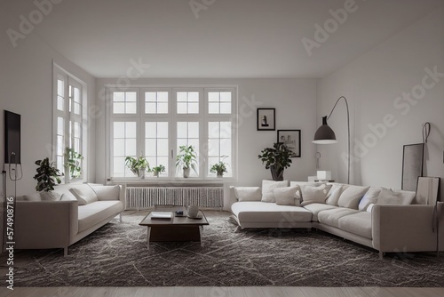 Stylish scandinavian living room with design mint sofa  furnitures  mock up poster map  plants and elegant personal accessories. Modern home decor. Bright and sunny room. Generative AI illustration.