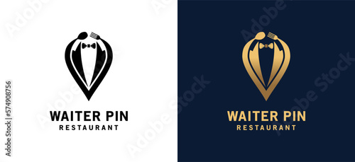 Food pin logo design, food waiter location pin symbol vector illustration