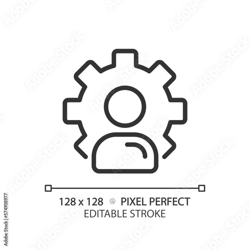 Account settings pixel perfect linear icon. Social media profile. Authorized user customization. Personal changes. Thin line illustration. Contour symbol. Vector outline drawing. Editable stroke