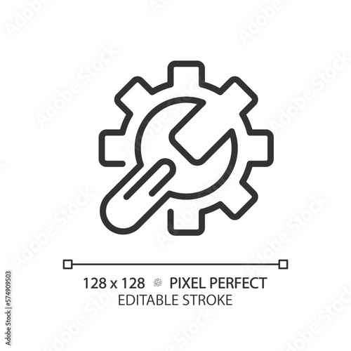 Setup pixel perfect linear icon. System settings. Troubleshooting service. Technical repair. Automated process. Thin line illustration. Contour symbol. Vector outline drawing. Editable stroke