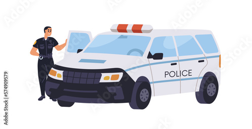 Police officer at van. Policeman standing in uniform at car. Happy man cop at auto carrier, wagon automobile of municipal law forces. Flat vector illustration isolated on white background