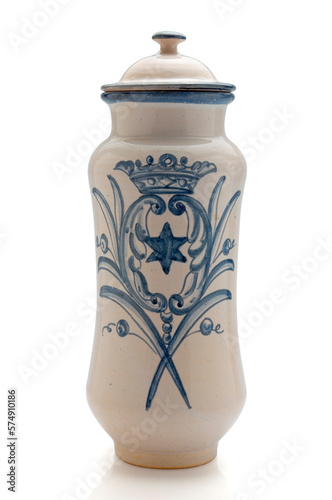 old ceramic canister used in European pharmacies to store chemicals (isolated with clipping path)