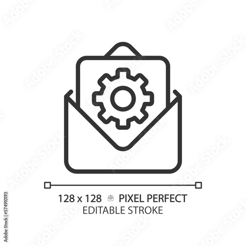 Email settings pixel perfect linear icon. Electronic mail configuration. Mailbox setup. Digital communication. Thin line illustration. Contour symbol. Vector outline drawing. Editable stroke