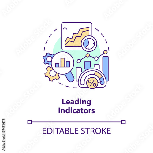 Leading indicators concept icon. Type of economic analysis elements abstract idea thin line illustration. Isolated outline drawing. Editable stroke. Arial, Myriad Pro-Bold fonts used