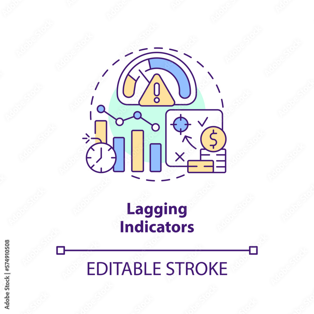 Lagging indicators concept icon. Type of economic analysis elements abstract idea thin line illustration. Isolated outline drawing. Editable stroke. Arial, Myriad Pro-Bold fonts used