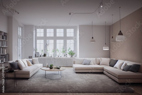 Stylish scandinavian living room with design mint sofa  furnitures  mock up poster map  plants and elegant personal accessories. Modern home decor. Bright and sunny room. Generative AI illustration.