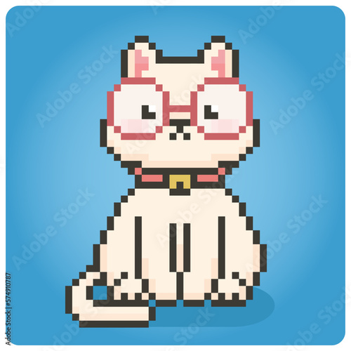 Pixel 8 bit, white cat wear glasses. Animals for game assets in vector illustration. © Two Pixel