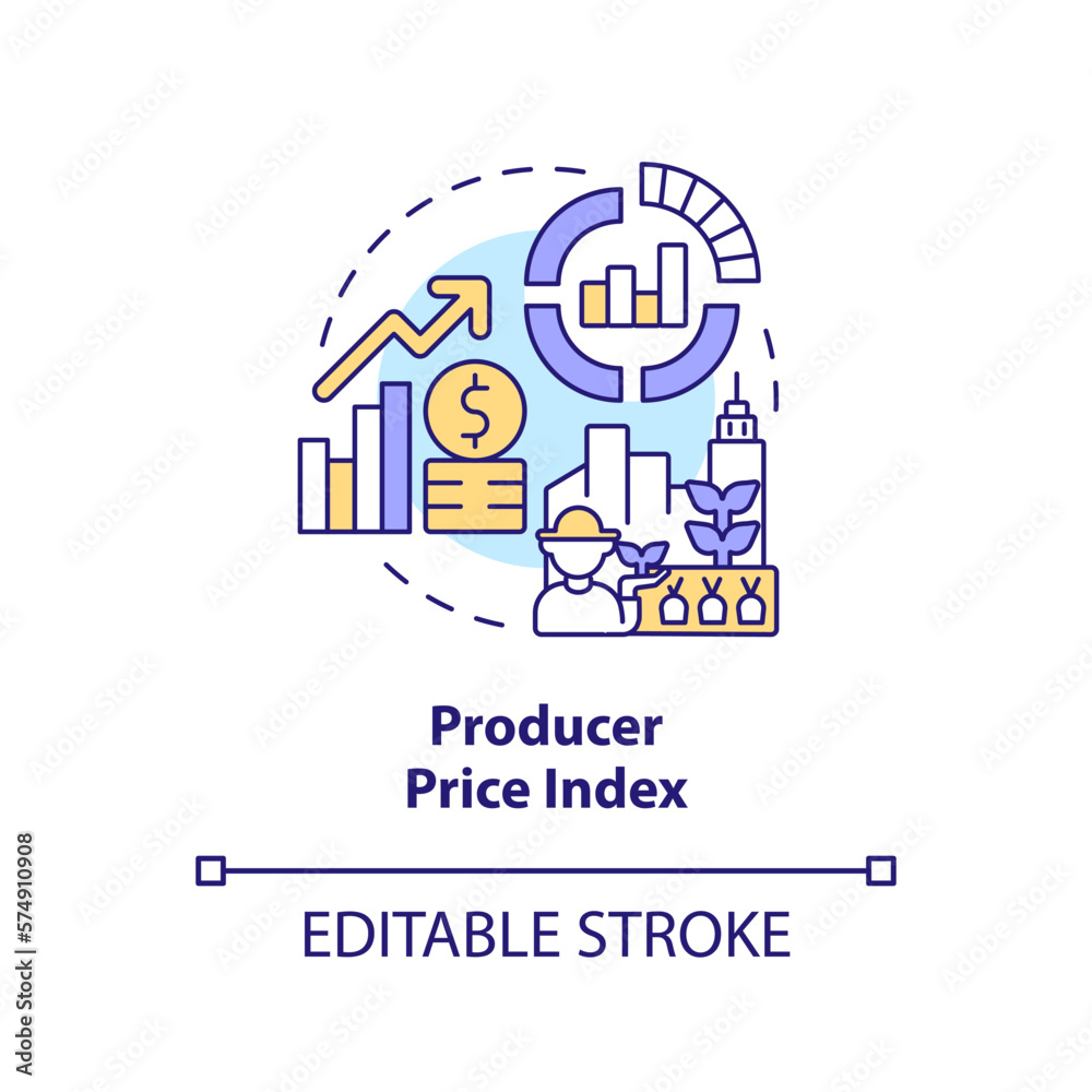 Producer price index concept icon. Manufacturing expenses. Economic analysis key abstract idea thin line illustration. Isolated outline drawing. Editable stroke. Arial, Myriad Pro-Bold fonts used Producer price index concept icon. Manufacturing expenses. Economic analysis key abstract idea thin line illustration. Isolated outline drawing. Editable stroke. Arial, Myriad Pro-Bold fonts used