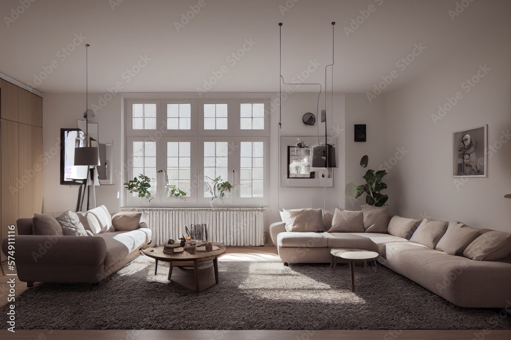 Fototapeta premium Stylish scandinavian living room with design mint sofa, furnitures, mock up poster map, plants and elegant personal accessories. Modern home decor. Bright and sunny room. Generative AI illustration.