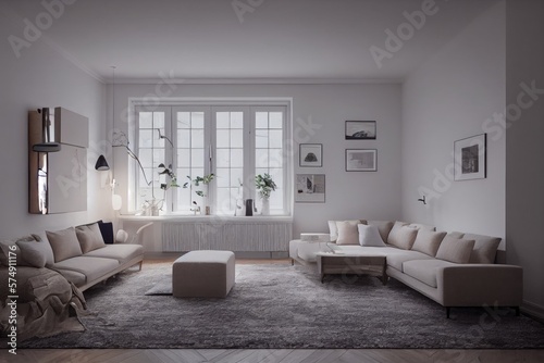 Stylish scandinavian living room with design mint sofa  furnitures  mock up poster map  plants and elegant personal accessories. Modern home decor. Bright and sunny room. Generative AI illustration.