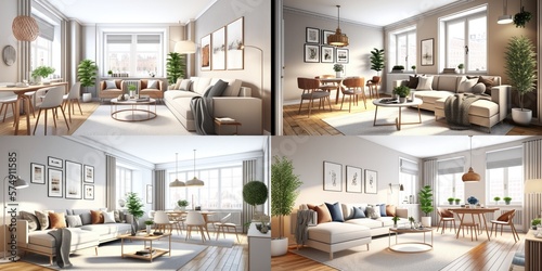 Stylish scandinavian living room with design mint sofa, furnitures, mock up poster map, plants and elegant personal accessories. Modern home decor. Bright and sunny room. Generative AI illustration. © Interior Stock Photo