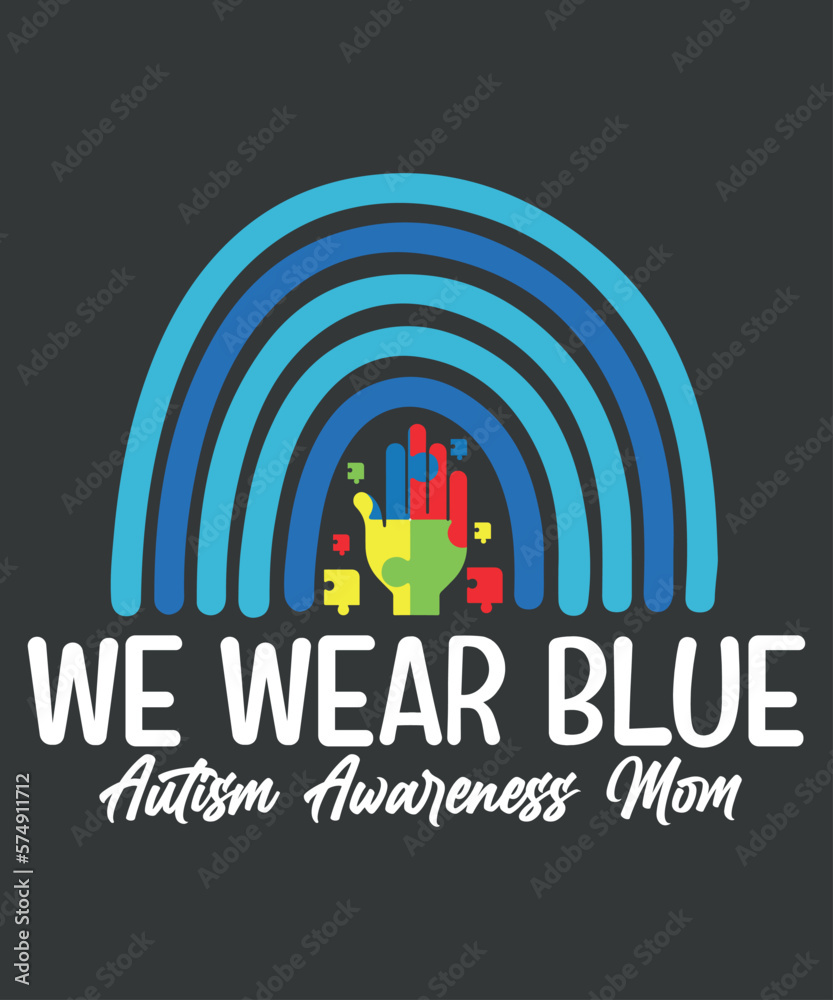 We wear blue autism awareness mom t shirt design vector, autism awareness, rainbow, hand, puzzle, colors