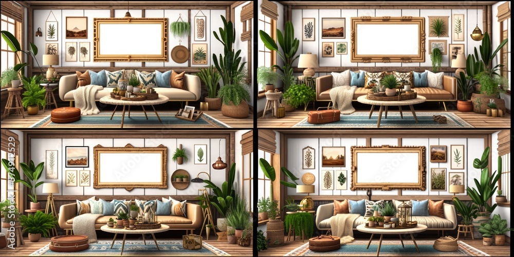 Stylish scandinavian living room with design mint sofa, furnitures, mock up poster map, plants and elegant personal accessories. Modern home decor. Bright and sunny room. Generative AI illustration. Stylish scandinavian living room with design mint sofa, furnitures, mock up poster map, plants and elegant personal accessories. Modern home decor. Bright and sunny room. Generative AI illustration.