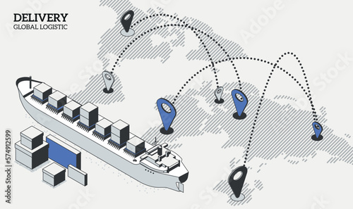 International logistic company worldwide operations with cargo distribution shipment and transportations. Isometric projection with a cargo ship, parcels, and a map with locations