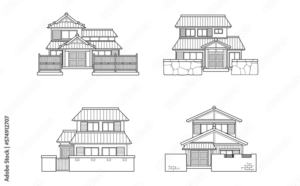 線画のみの日本家屋のイラストセット