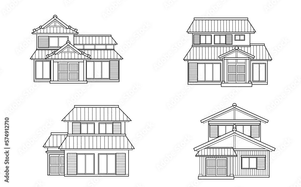 線画のみの日本家屋のイラストセット