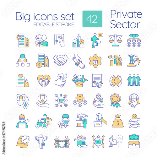 Private sector of economics RGB color icons set. Business ownership type. Development of entrepreneurship. Isolated vector illustrations. Simple filled line drawings collection. Editable stroke