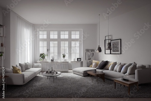 Stylish scandinavian living room with design mint sofa  furnitures  mock up poster map  plants and elegant personal accessories. Modern home decor. Bright and sunny room. Generative AI illustration.