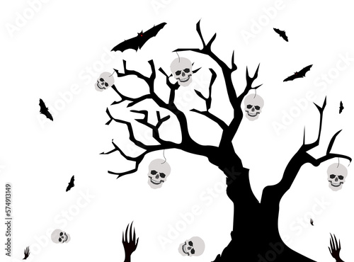 PNG. Tree of death with ghost skulls and bats in scene halloween isolated on transparent background. PNG illustration