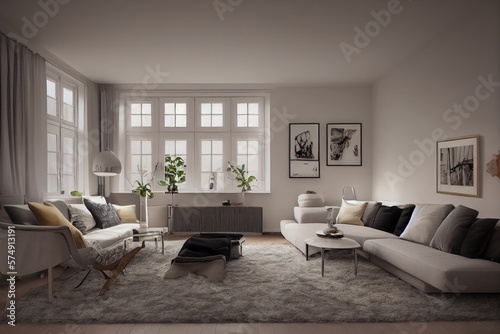 Stylish scandinavian living room with design mint sofa  furnitures  mock up poster map  plants and elegant personal accessories. Modern home decor. Bright and sunny room. Generative AI illustration.