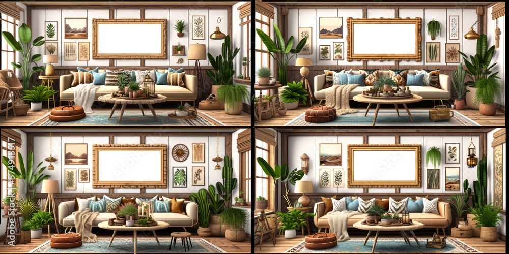 Stylish scandinavian living room with design mint sofa, furnitures, mock up poster map, plants and elegant personal accessories. Modern home decor. Bright and sunny room. Generative AI illustration.