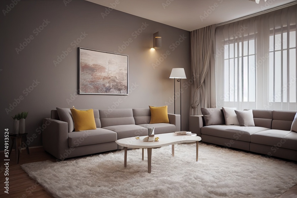 Fototapeta premium Stylish scandinavian living room with design mint sofa, furnitures, mock up poster map, plants and elegant personal accessories. Modern home decor. Bright and sunny room. Generative AI illustration.