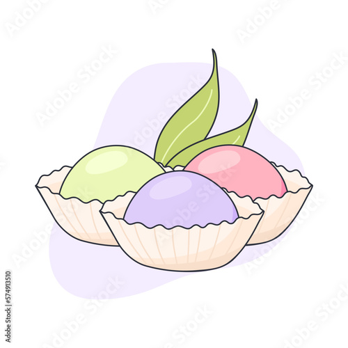 Mochi Japanese traditional sweet. Japanese asian sweets. Healthy eating, cooking, menu, banner, sweet food, dessert concept. Draw in doodle style, vector illustration.
