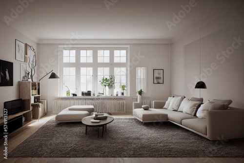 Stylish scandinavian living room with design mint sofa, furnitures, mock up poster map, plants and elegant personal accessories. Modern home decor. Bright and sunny room. Generative AI illustration.