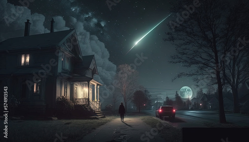 A Glimmer of Hope: A Depressed Man Watches a Shining Shooting Star in a Dark Night Sky