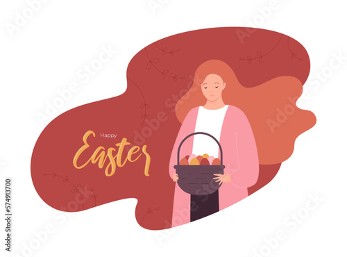 Easter egg concept. Vector modern flat illustration. Banner template. Woman hold basket of egg on red abstract shape frame with text. Design for happy easter day holiday, poster, invitation card.