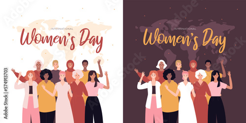 Happy women day feminist card concept. Vector flat person illustration set. Square banner template. Group of various ethnic woman embrace on world map background. Design for international holiday