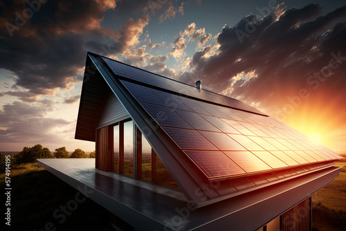 solar panels for renewable green energy on roof of a modern house at sunset. Generative AI