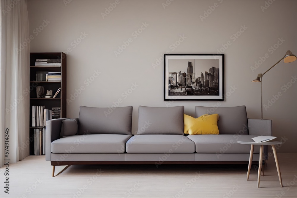 Fototapeta premium Stylish scandinavian living room with design mint sofa, furnitures, mock up poster map, plants and elegant personal accessories. Modern home decor. Bright and sunny room. Generative AI illustration.