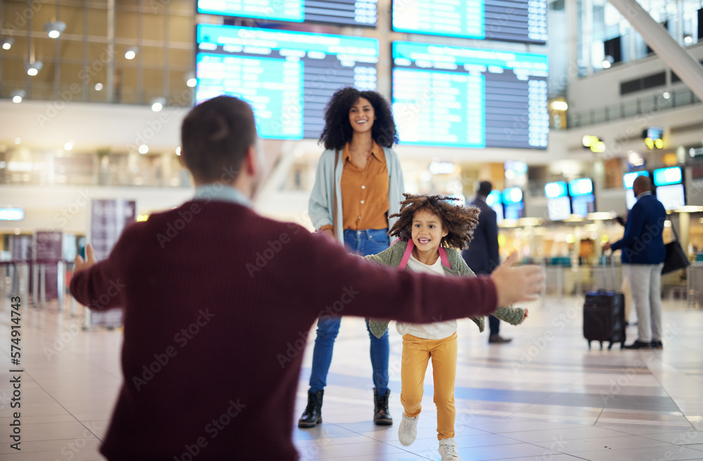 Child running to father at airport for welcome home travel and reunion after immigration or international opportunity. Interracial family, dad and girl kid run for hug excited to see papa in lobby