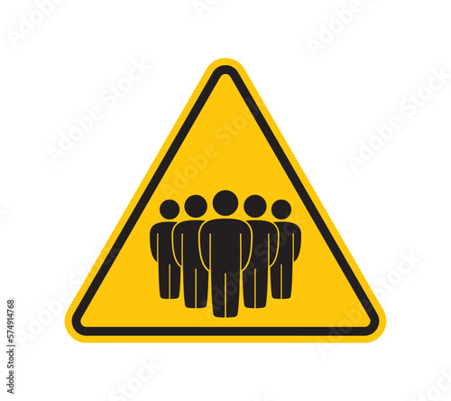 Vector yellow triangular sign with the symbol of many black figures - a crowd of people. isolated on white background.