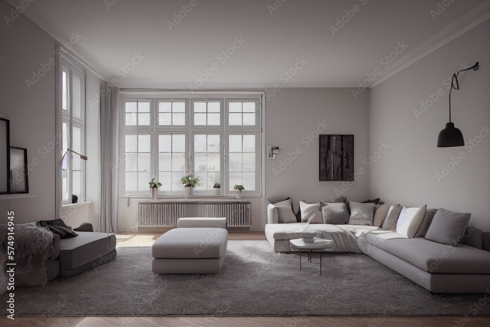 Fototapeta premium Stylish scandinavian living room with design mint sofa, furnitures, mock up poster map, plants and elegant personal accessories. Modern home decor. Bright and sunny room. Generative AI illustration.