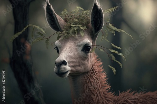 Llamas Leaves On Head, Roots On Neck. Generative AI photo
