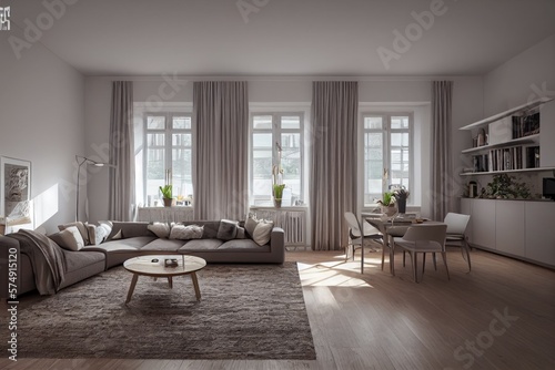 Stylish scandinavian living room with design mint sofa, furnitures, mock up poster map, plants and elegant personal accessories. Modern home decor. Bright and sunny room. Generative AI illustration. © Interior Stock Photo