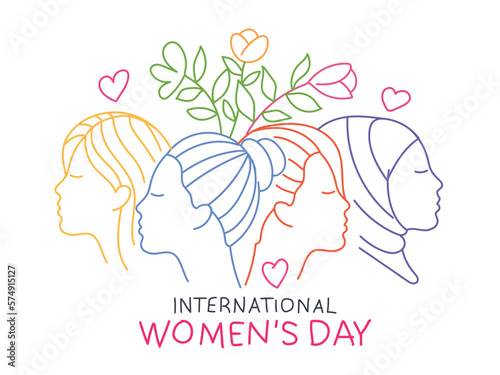 International Womens Day greeting card. Abstract different women portraits in line style