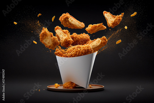 Fotografia Fried chicken flying on paper bucket isolated on black background, image ai gen