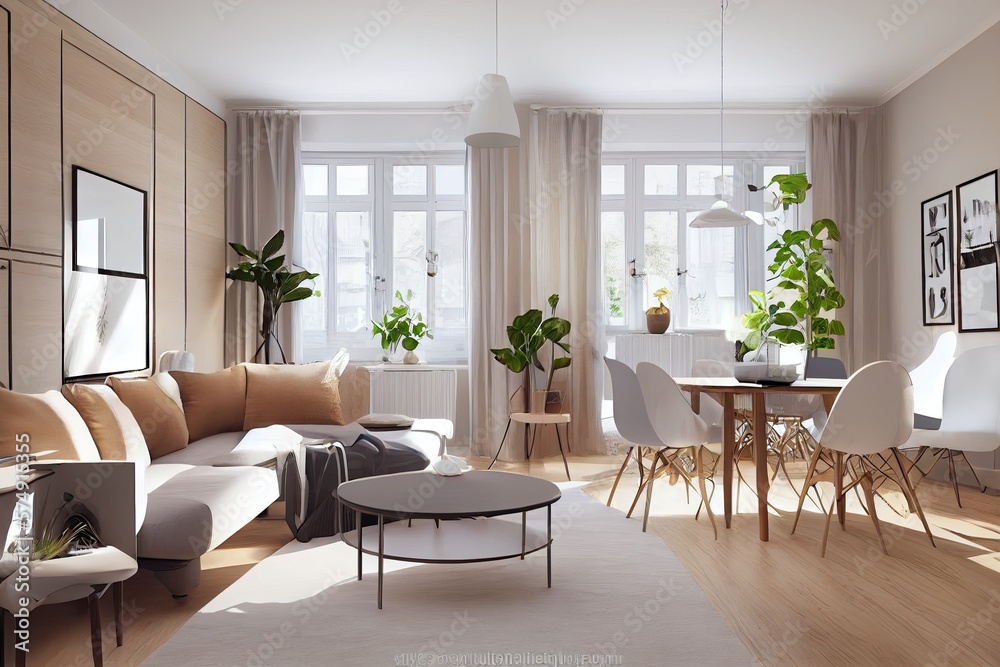 Fototapeta premium Stylish scandinavian living room with design mint sofa, furnitures, mock up poster map, plants and elegant personal accessories. Modern home decor. Bright and sunny room. Generative AI illustration.