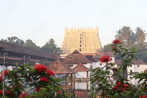 Morning view of Padmanabha swamy temple with flowers photo