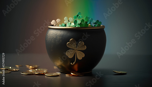 St. Patrick's Day celebration background. Leprechaun pot of gold and rainbow Generative ai