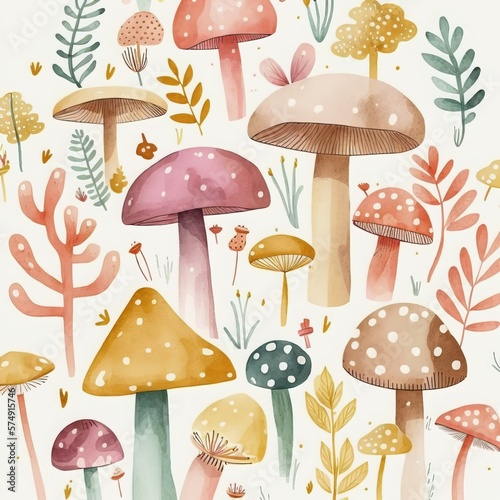 A seamless pattern with mushrooms and flowers. photo